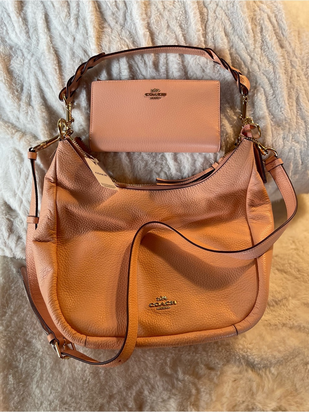 Coach Peach Pebbled Leather Shoulder Bag with Matching Wallet